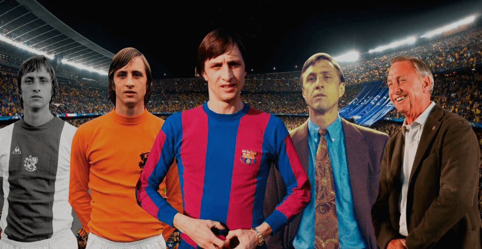 Montaje de Cruyff en sus diferentes etapas como profesional con el Camp Nou de fondo